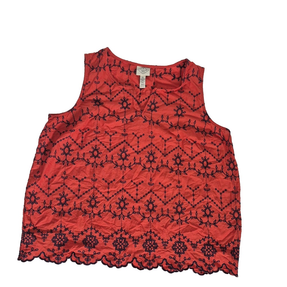 St. Johns Bay Blouse Womens PL Red/Navy‎ Embroidered V Neck Scalloped Hem Boho